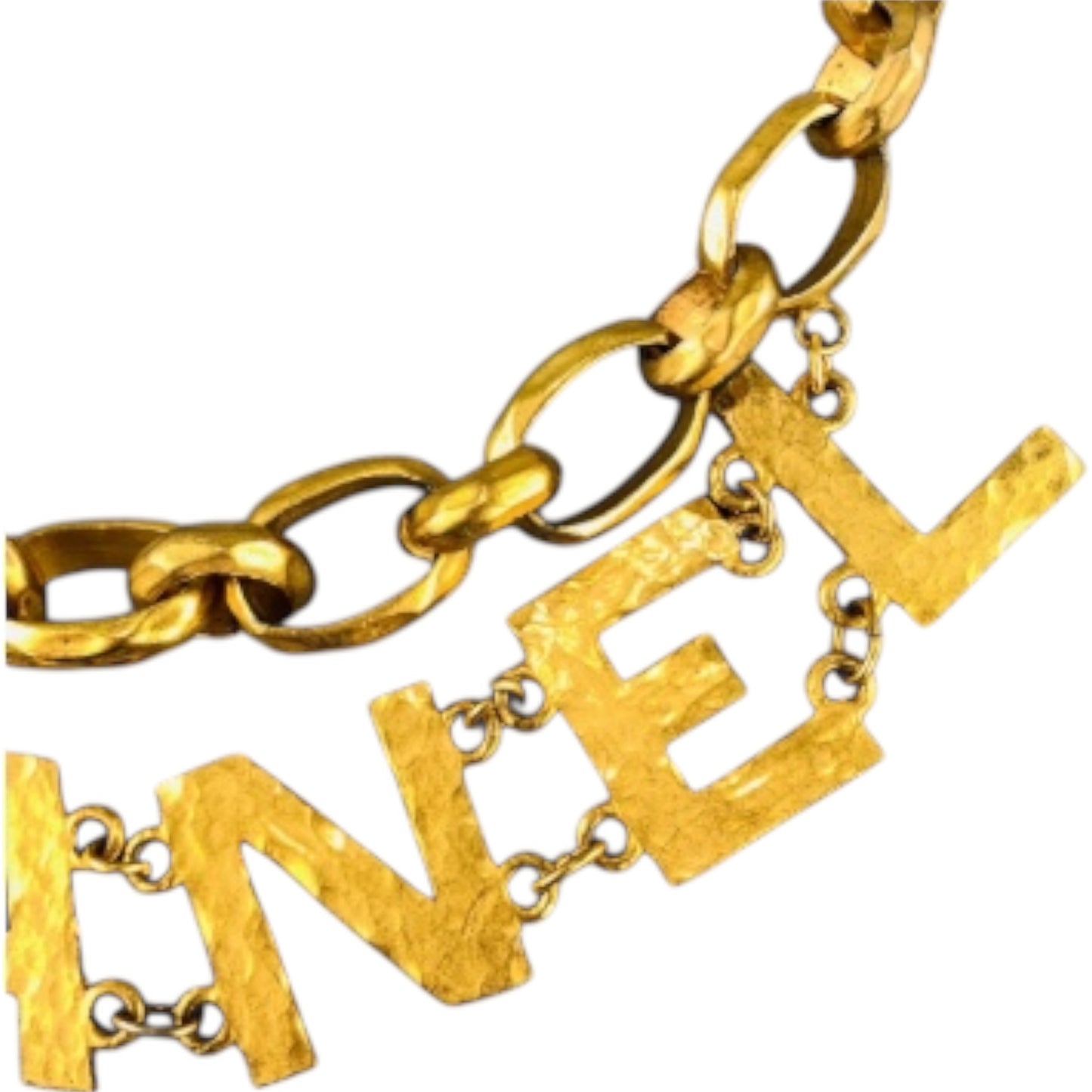 Chanel S/S 1993 Hammered Gold CHANEL Letter Logo Chain Belt – Runway (Look 1)