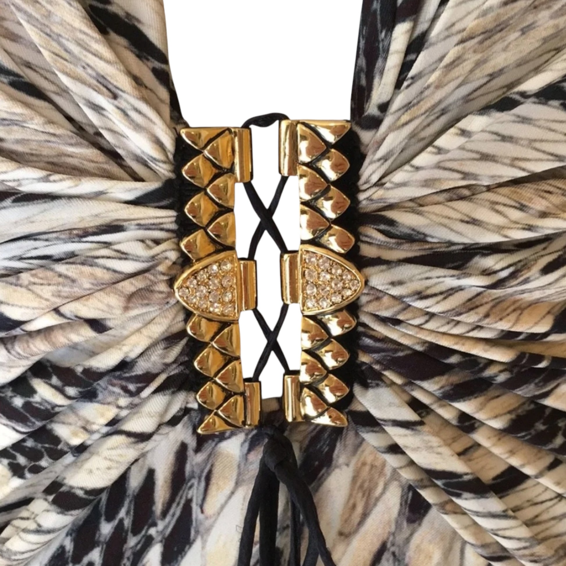 Roberto Cavalli snake print plunge top, rhinestone hardware detail close-up