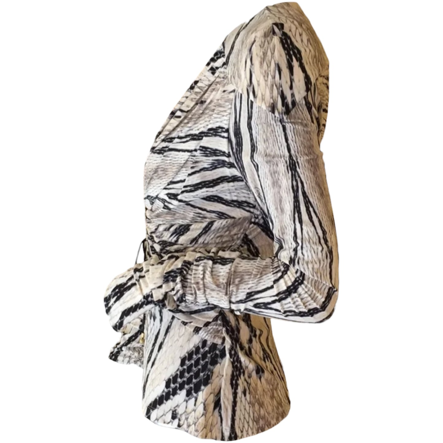 Roberto Cavalli snake print plunge top, plunge neckline detail close-up