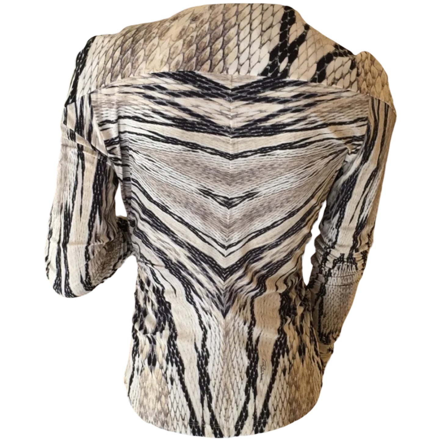 Roberto Cavalli snake print plunge top, print detail close-up