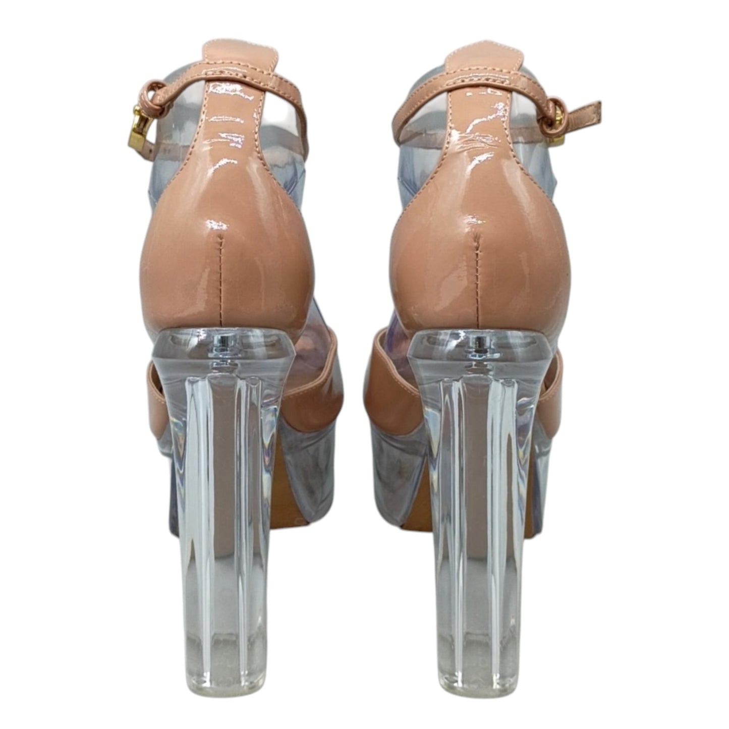 Valentino Garavani Tan Patent Leather & Transparent Plexiglass Platform Block Heels Size 39