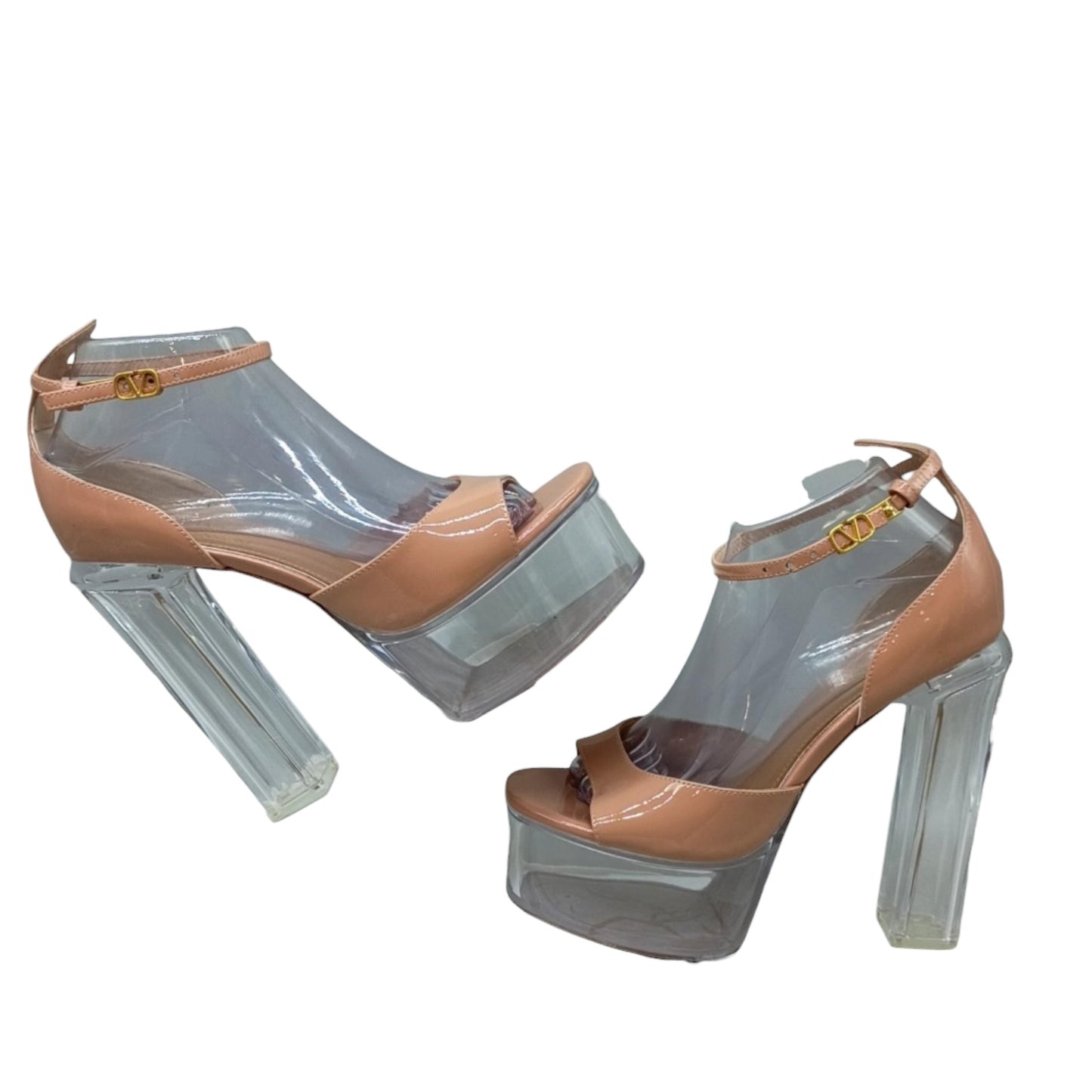 Valentino Garavani Tan Patent Leather & Transparent Plexiglass Platform Block Heels Size 39