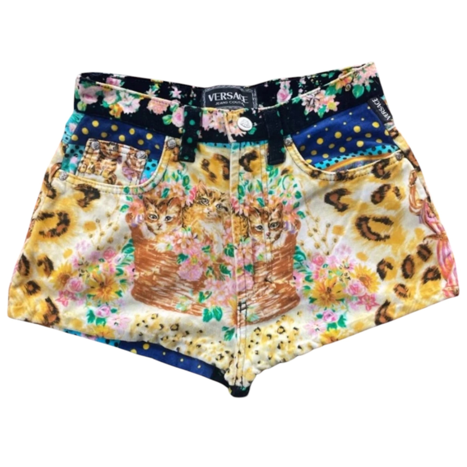 Vintage Versace Jeans Couture kitty print velvet patchwork hot pants shorts, front view