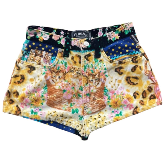 Vintage Versace Jeans Couture kitty print velvet patchwork hot pants shorts, front view