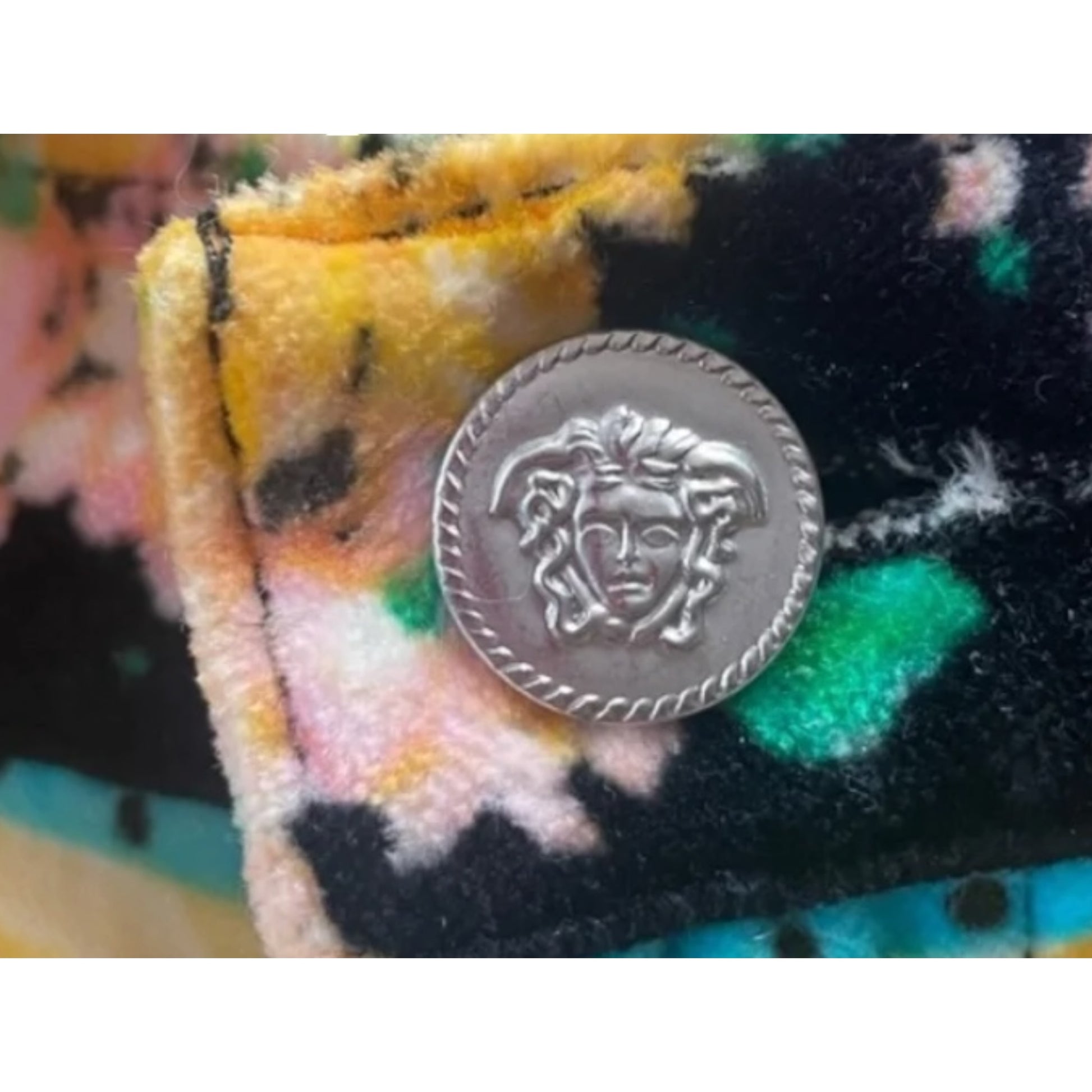 Vintage Versace Jeans Couture kitty print hot pants, patchwork detail close-up