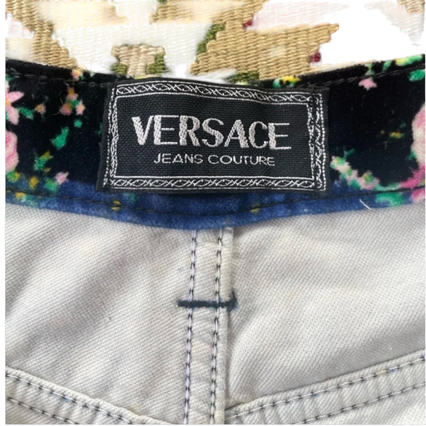 Vintage Versace Jeans Couture kitty print hot pants, waistband detail close-up