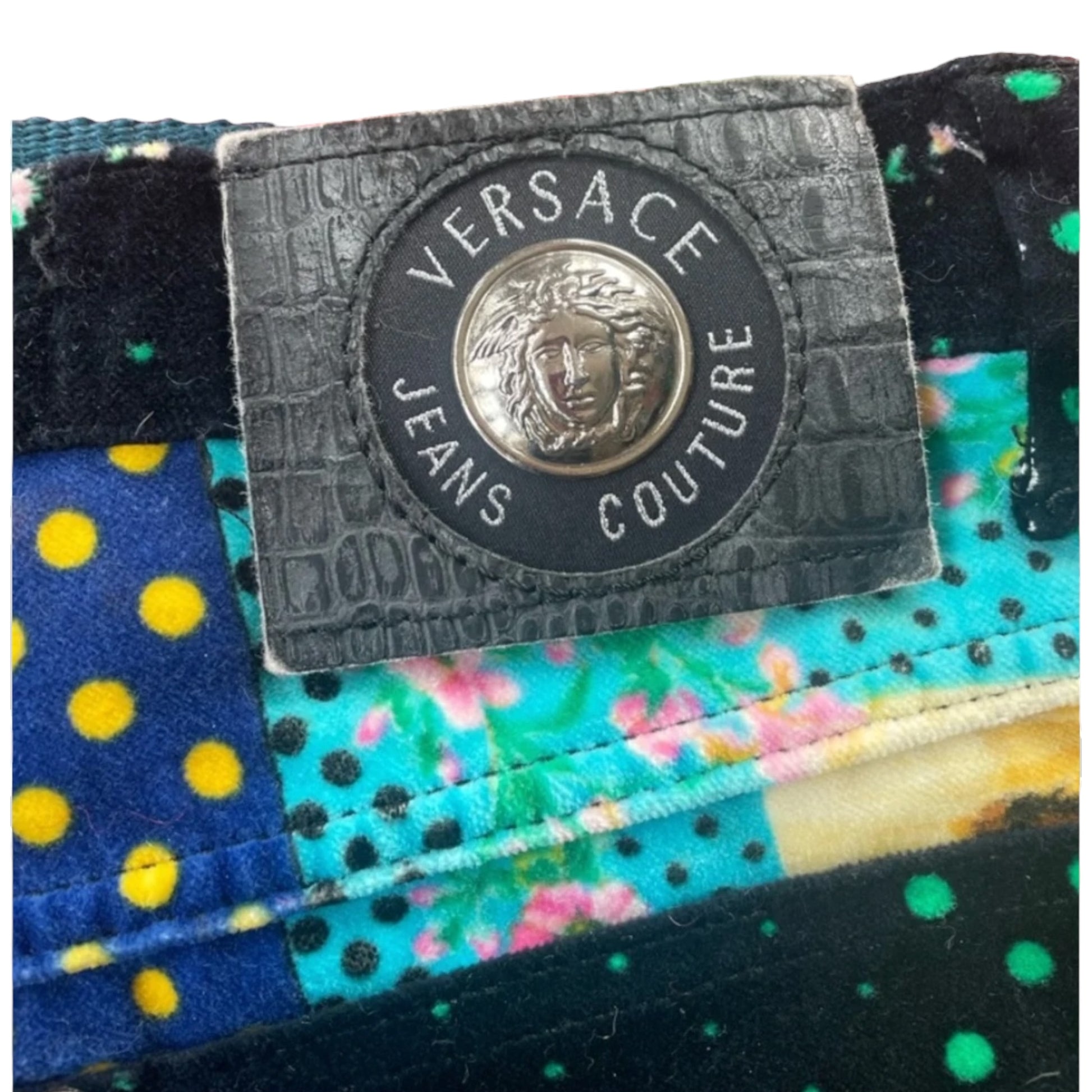 Vintage Versace Jeans Couture kitty print hot pants, side view