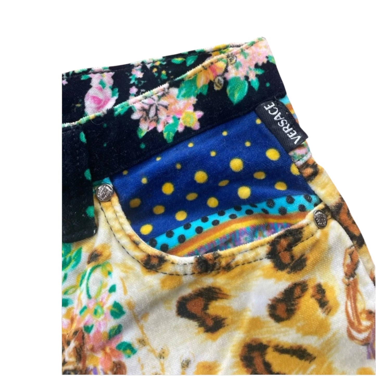 Vintage Versace Jeans Couture kitty print hot pants, print detail close-up