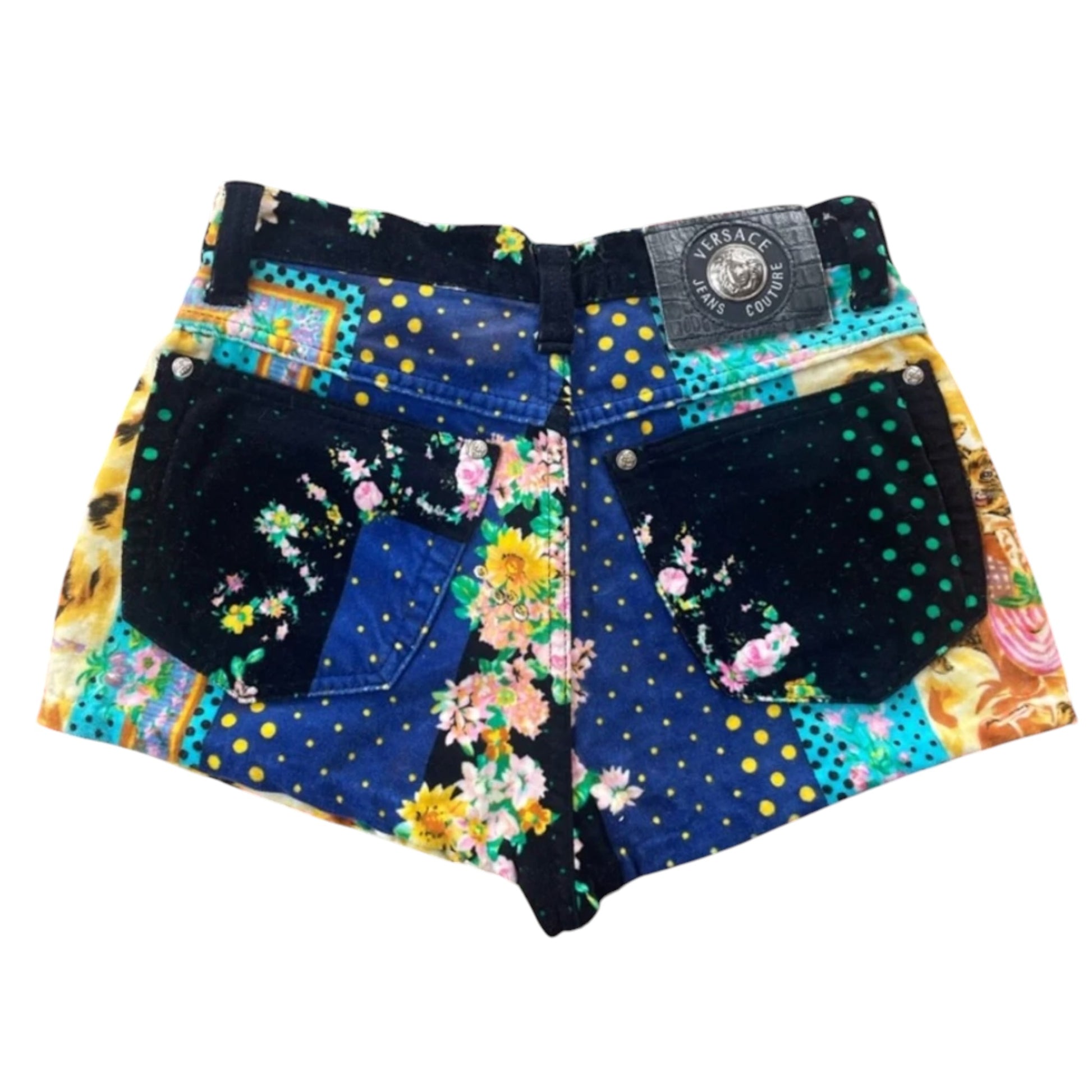 Vintage Versace Jeans Couture kitty print hot pants, back view