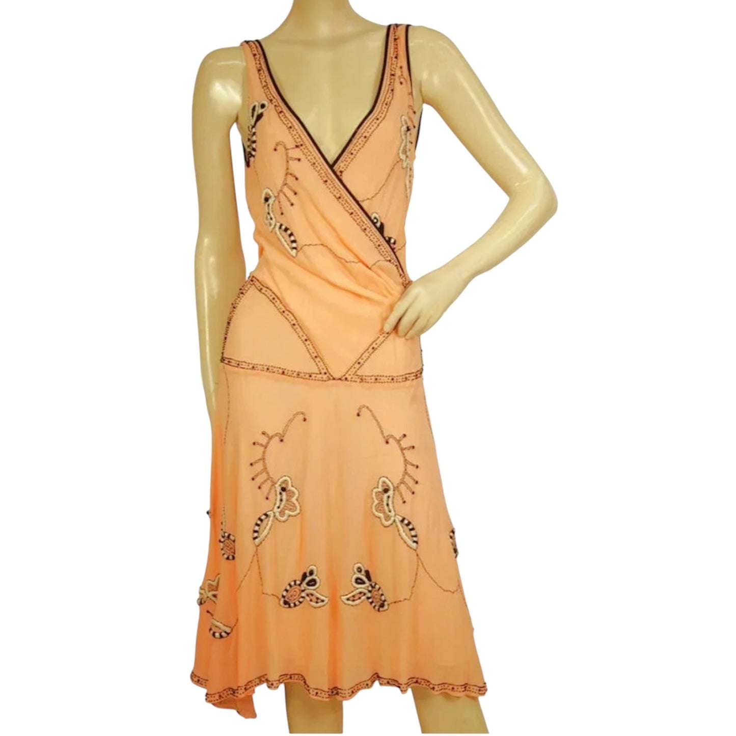 Temperley London Peach Silk Beaded Embroidered Sleeveless Midi Dress UK 10