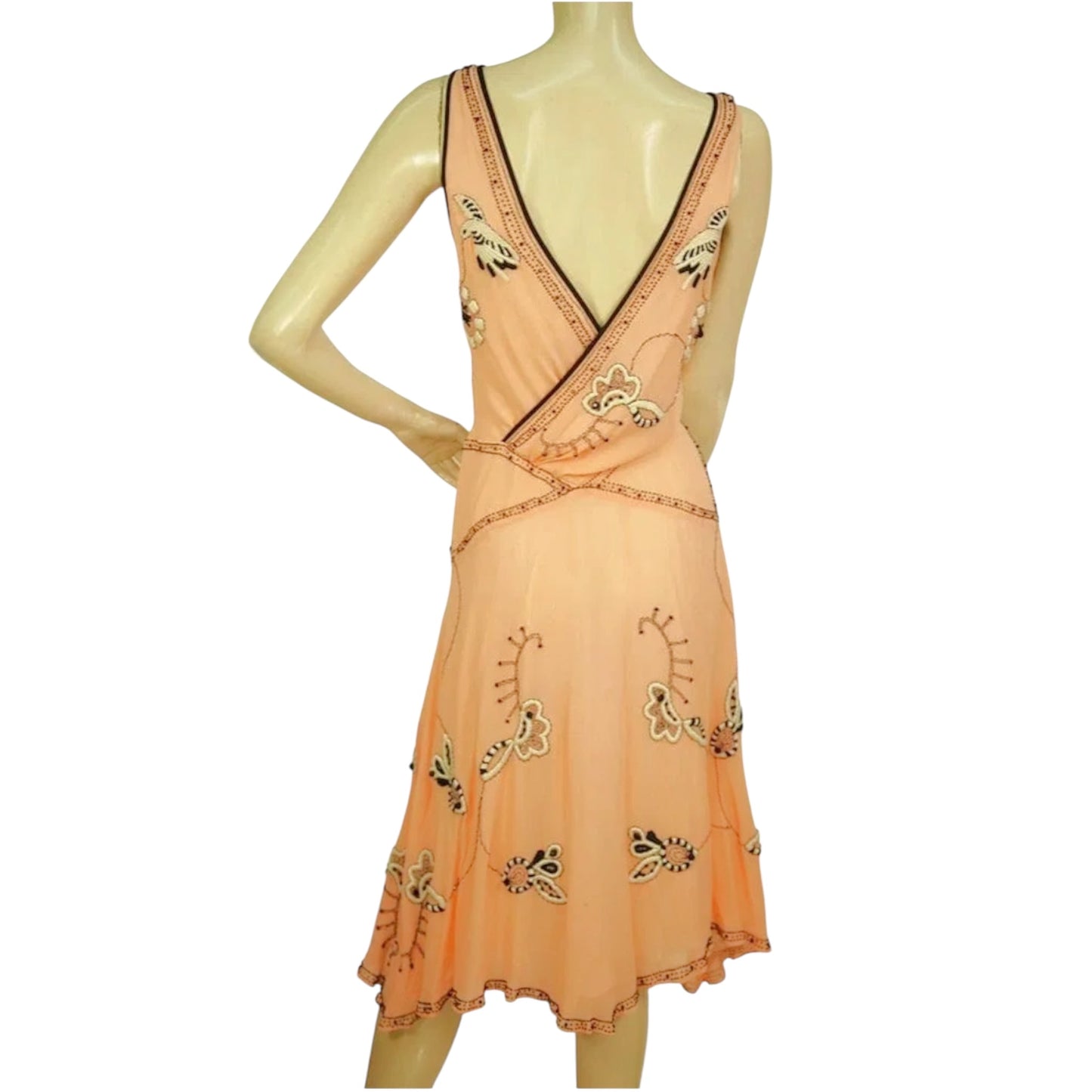 Temperley London Peach Silk Beaded Embroidered Sleeveless Midi Dress UK 10