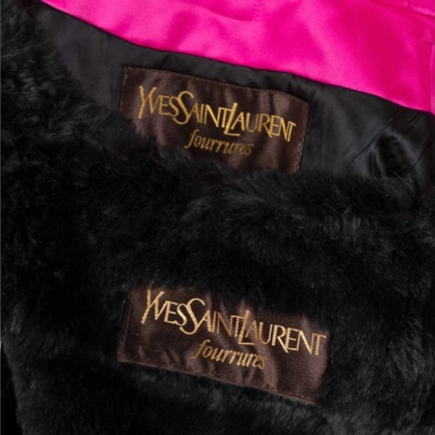 Yves Saint Laurent Fourrures Vintage Fuchsia Satin Nutria Fur Trim Hooded Parka Jacket – Size FR 40, c. Late 1980s–Early 1990s