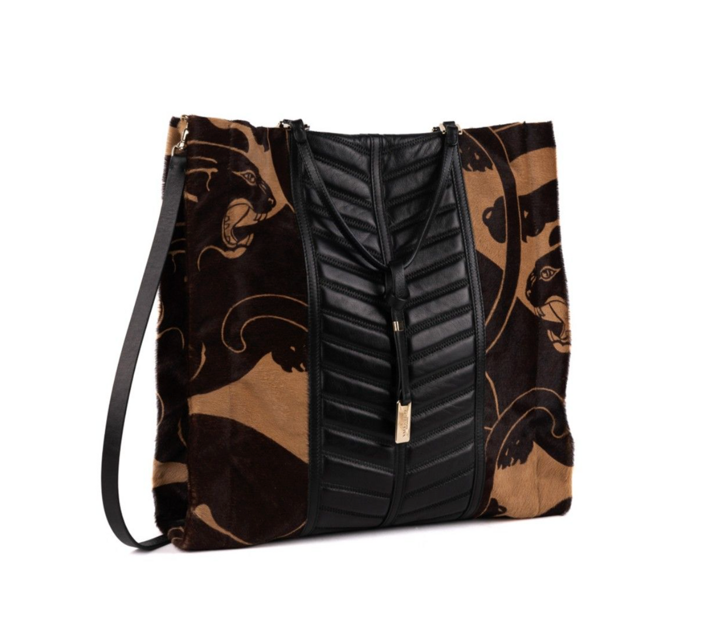 Valentino Garavani Panther Print Calf Hair & Black Leather Tote Bag with Removable Crossbody Strap