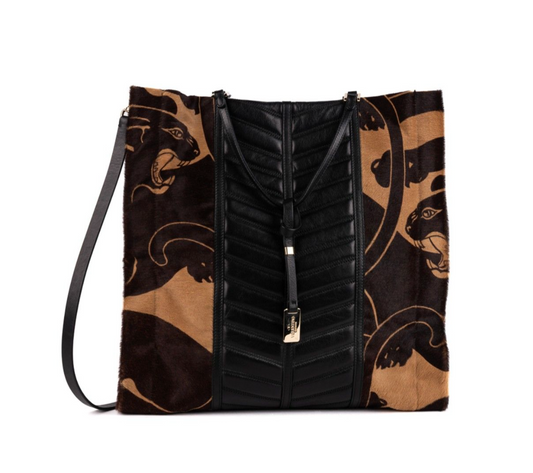 Valentino Garavani Panther Print Calf Hair & Black Leather Tote Bag with Removable Crossbody Strap