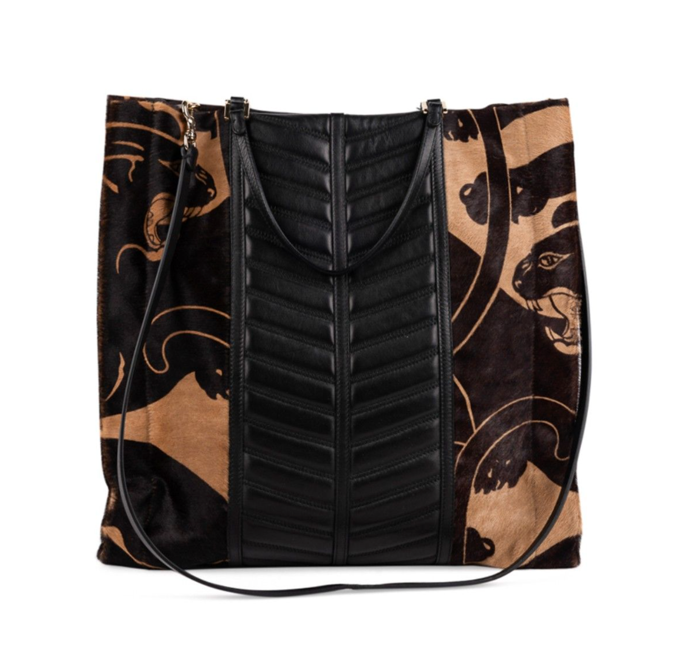 Valentino Garavani Panther Print Calf Hair & Black Leather Tote Bag with Removable Crossbody Strap