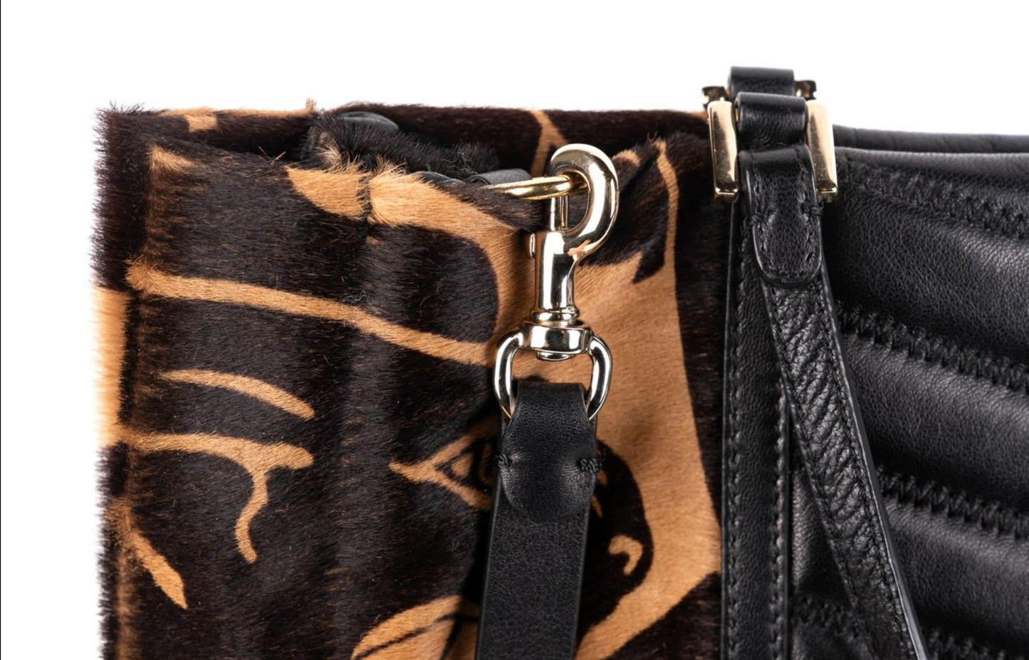 Valentino Garavani Panther Print Calf Hair & Black Leather Tote Bag with Removable Crossbody Strap