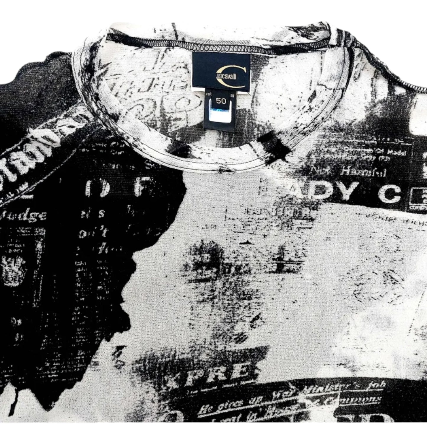 Roberto Cavalli Vintage Newspaper Galliano Style Gazette Mesh Sheer Y2K Printed Top T-Shirt Cami Tee 90s 2000s