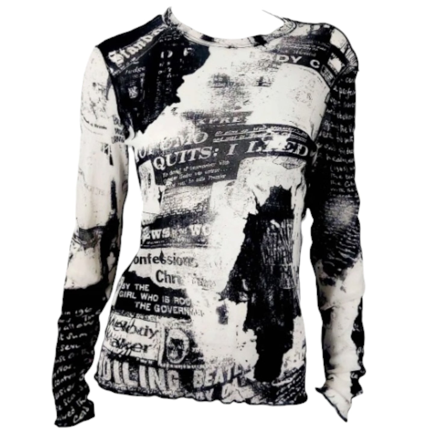 Roberto Cavalli Vintage Newspaper Galliano Style Gazette Mesh Sheer Y2K Printed Top T-Shirt Cami Tee 90s 2000s