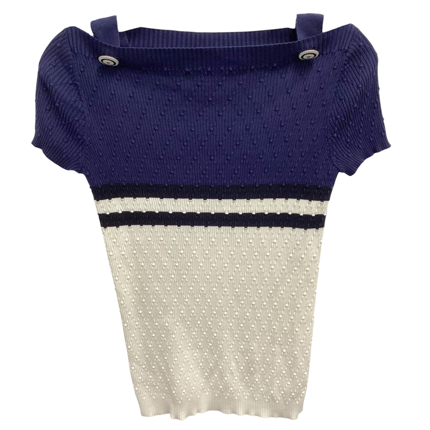 Chanel navy and white ribbed knit top, fabric texture close-up