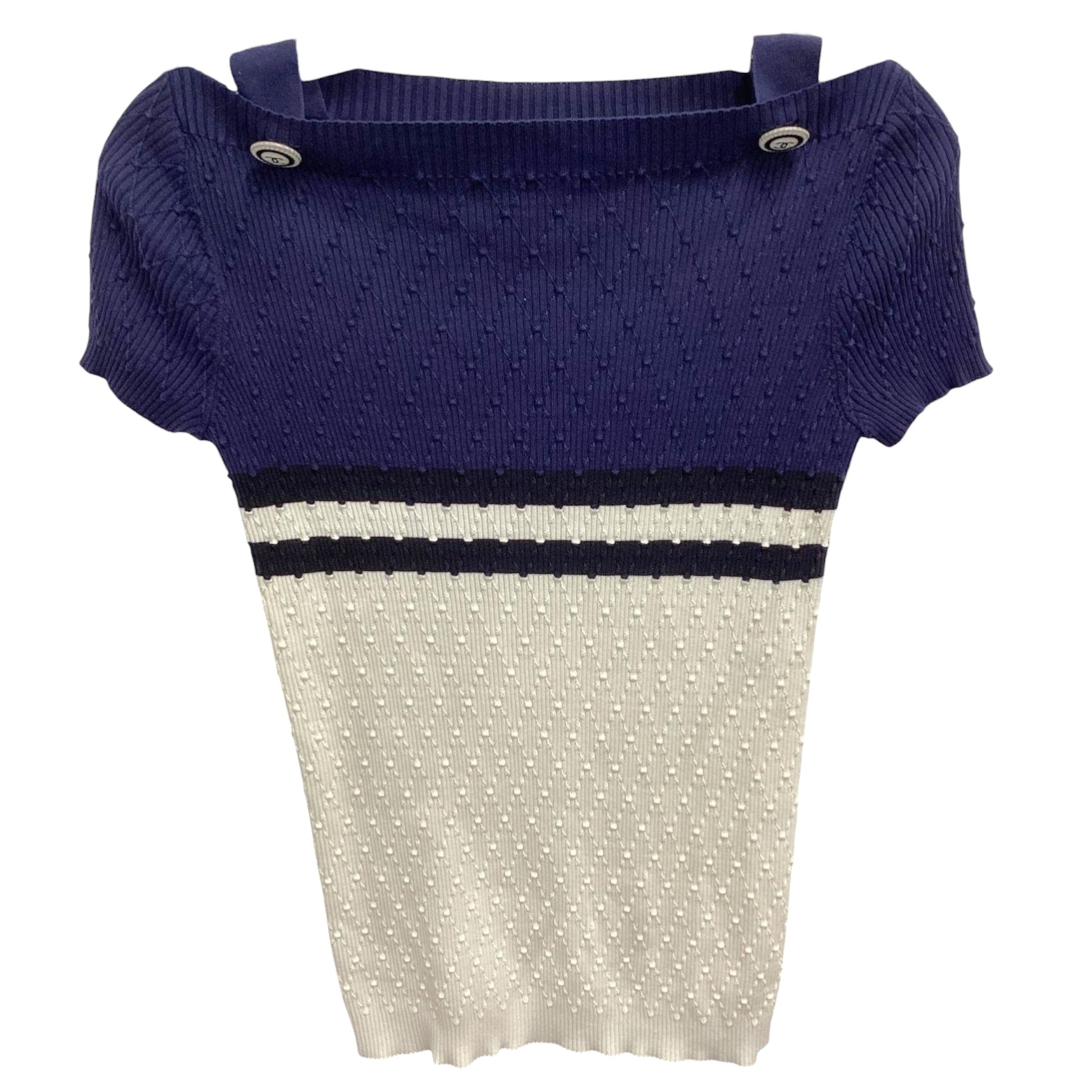 Chanel navy and white ribbed knit top, fabric texture close-up