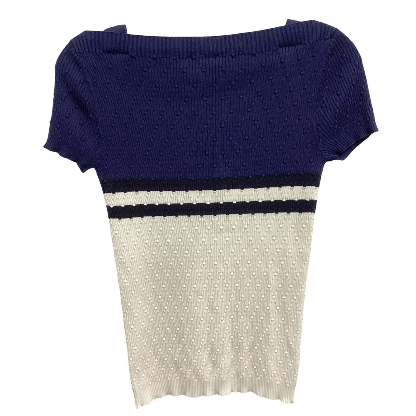 Chanel navy and white ribbed knit top, CC button strap detail close-up