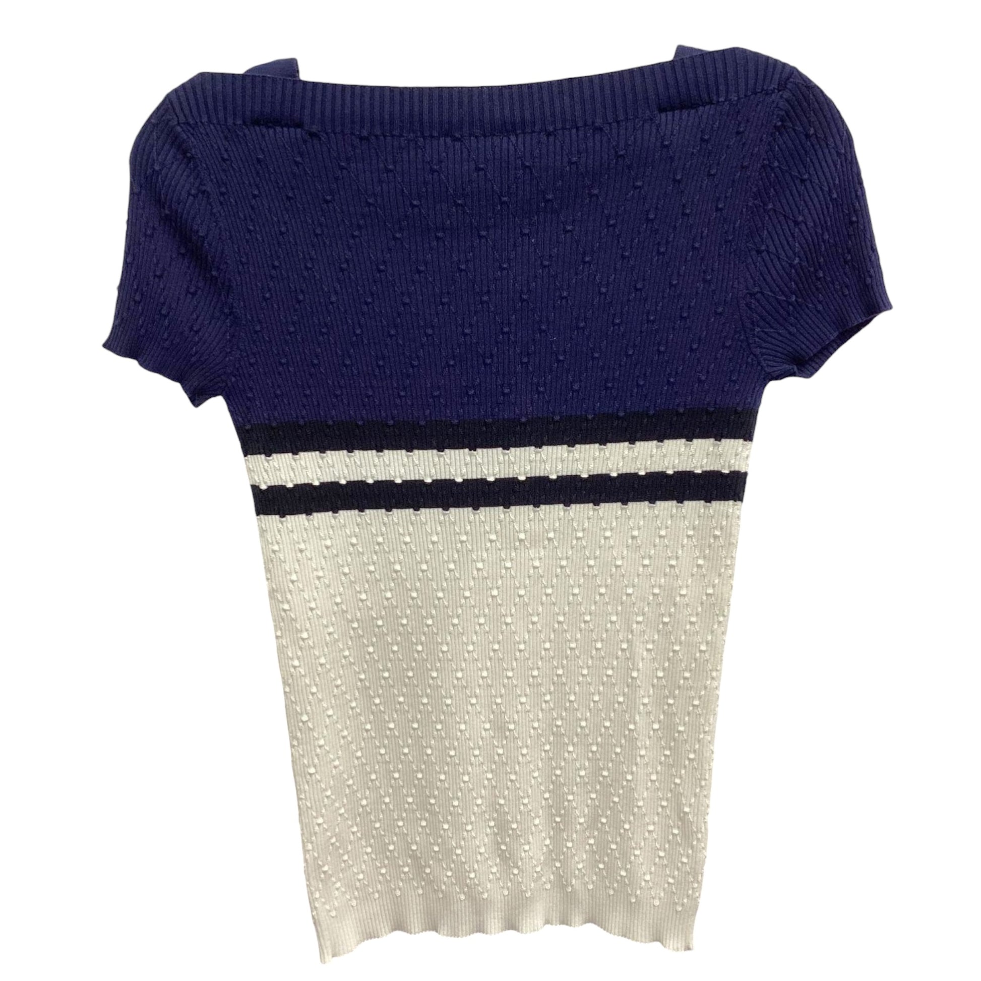 Chanel navy and white ribbed knit top, CC button strap detail close-up