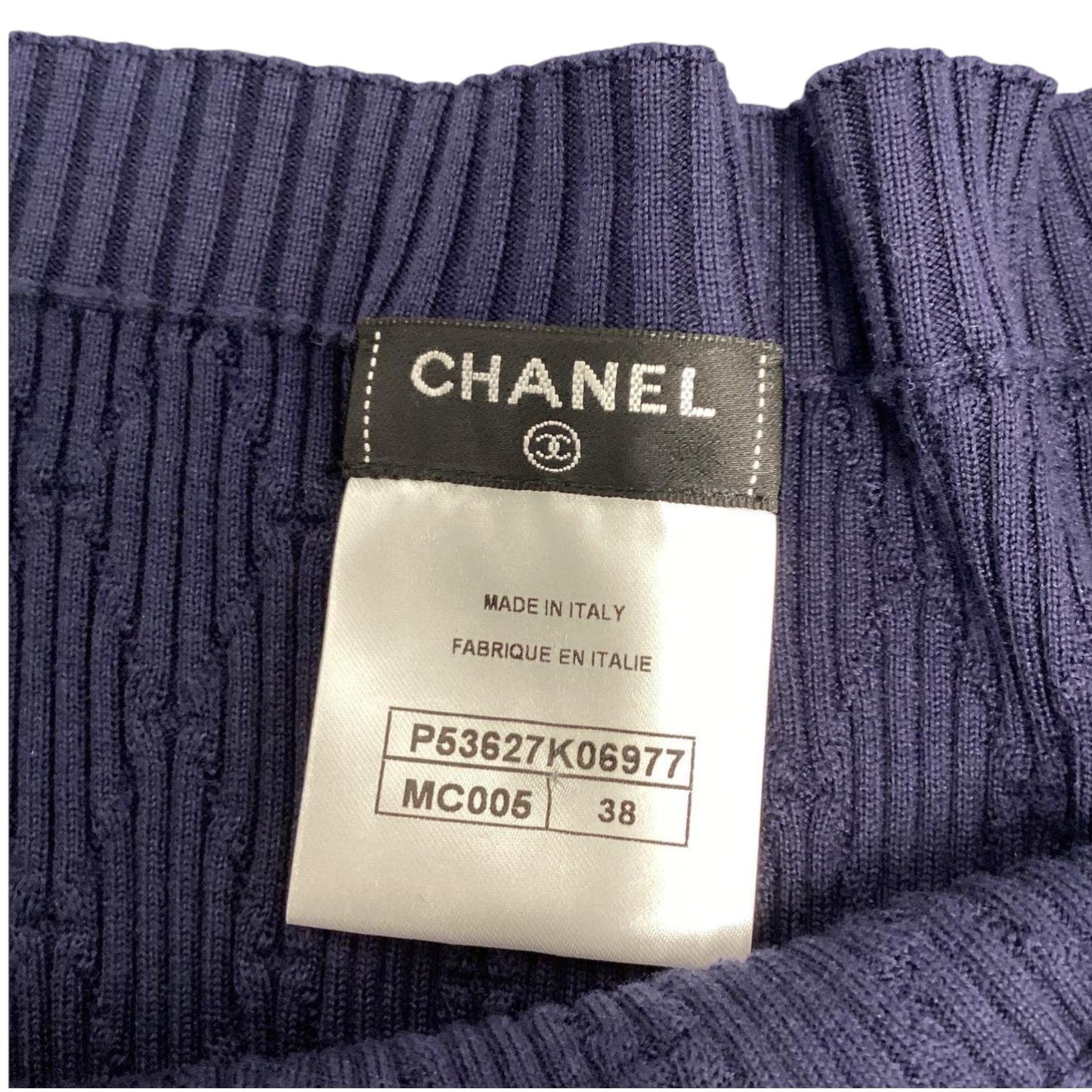 Chanel navy and white ribbed knit top, back view