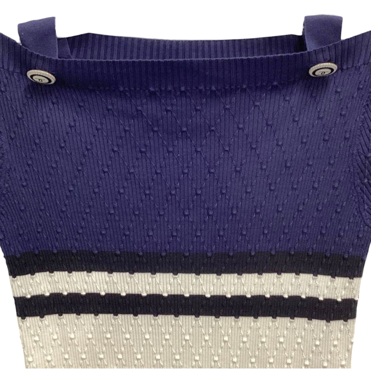Chanel navy and white ribbed cotton silk short sleeve knit top with CC button straps, size 38, front view