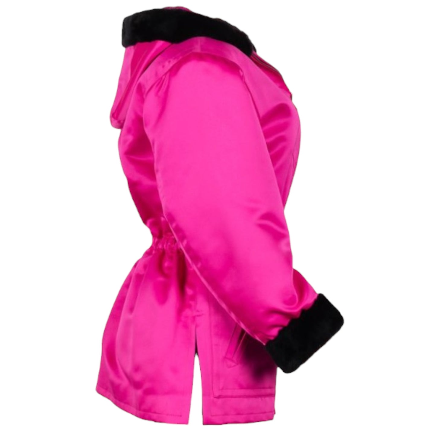 Yves Saint Laurent Fourrures Vintage Fuchsia Satin Nutria Fur Trim Hooded Parka Jacket – Size FR 40, c. Late 1980s–Early 1990s