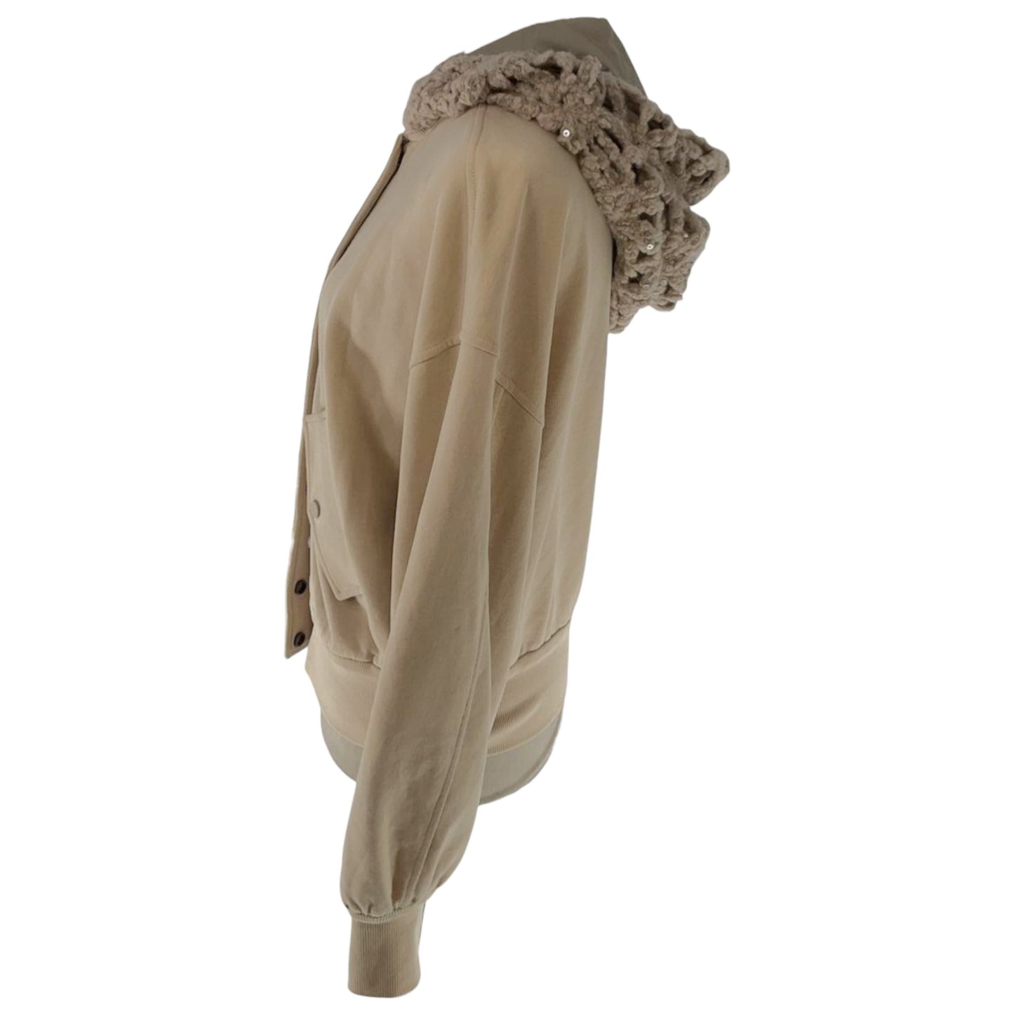 Brunello Cucinelli Beige Cotton Jacket with Detachable Crochet Virgin Wool Hood – Made in Italy
