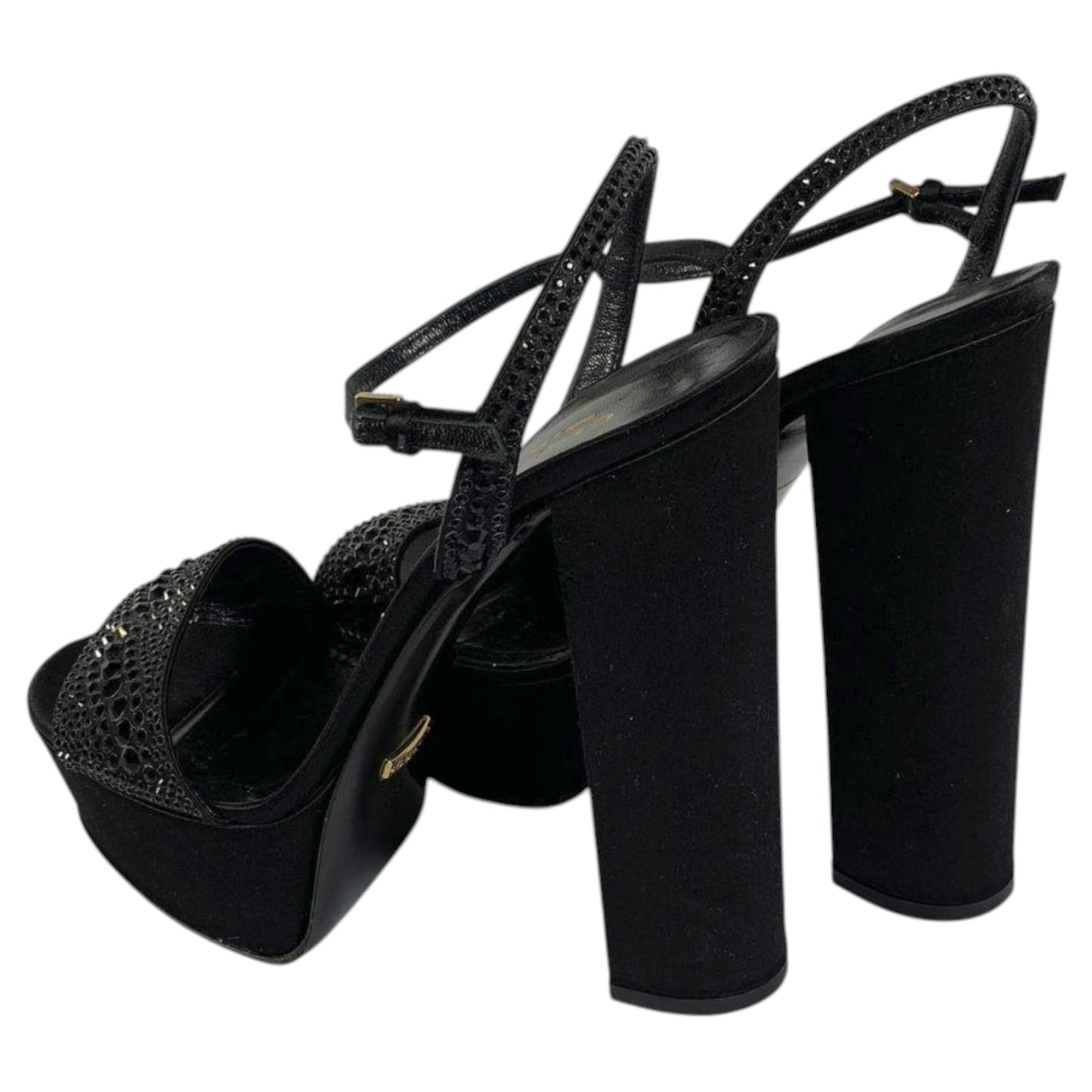 Gucci S/S 2014 Black Crystal-Embellished Satin Platform Sandals Heels | Size 39