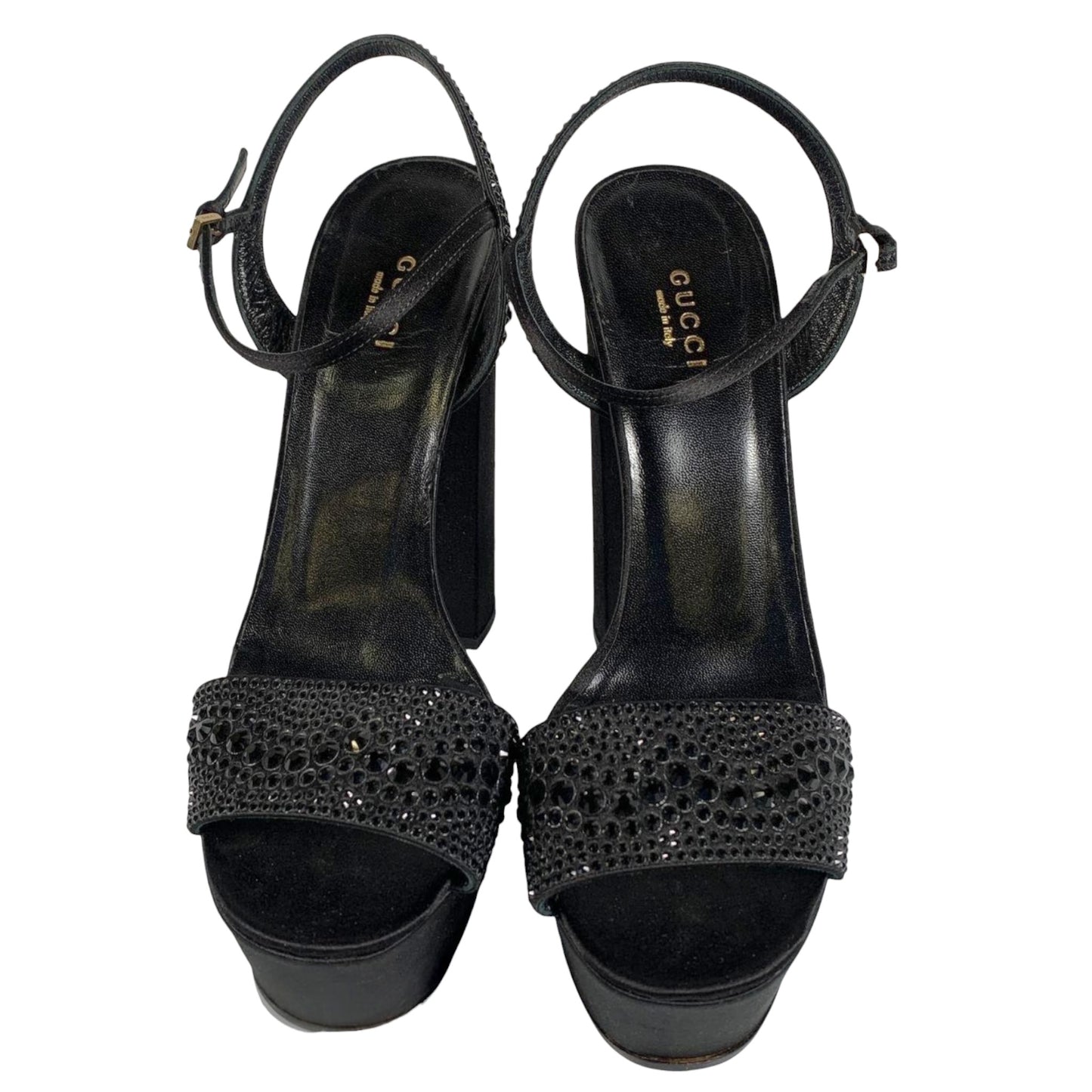 Gucci S/S 2014 Black Crystal-Embellished Satin Platform Sandals Heels | Size 39