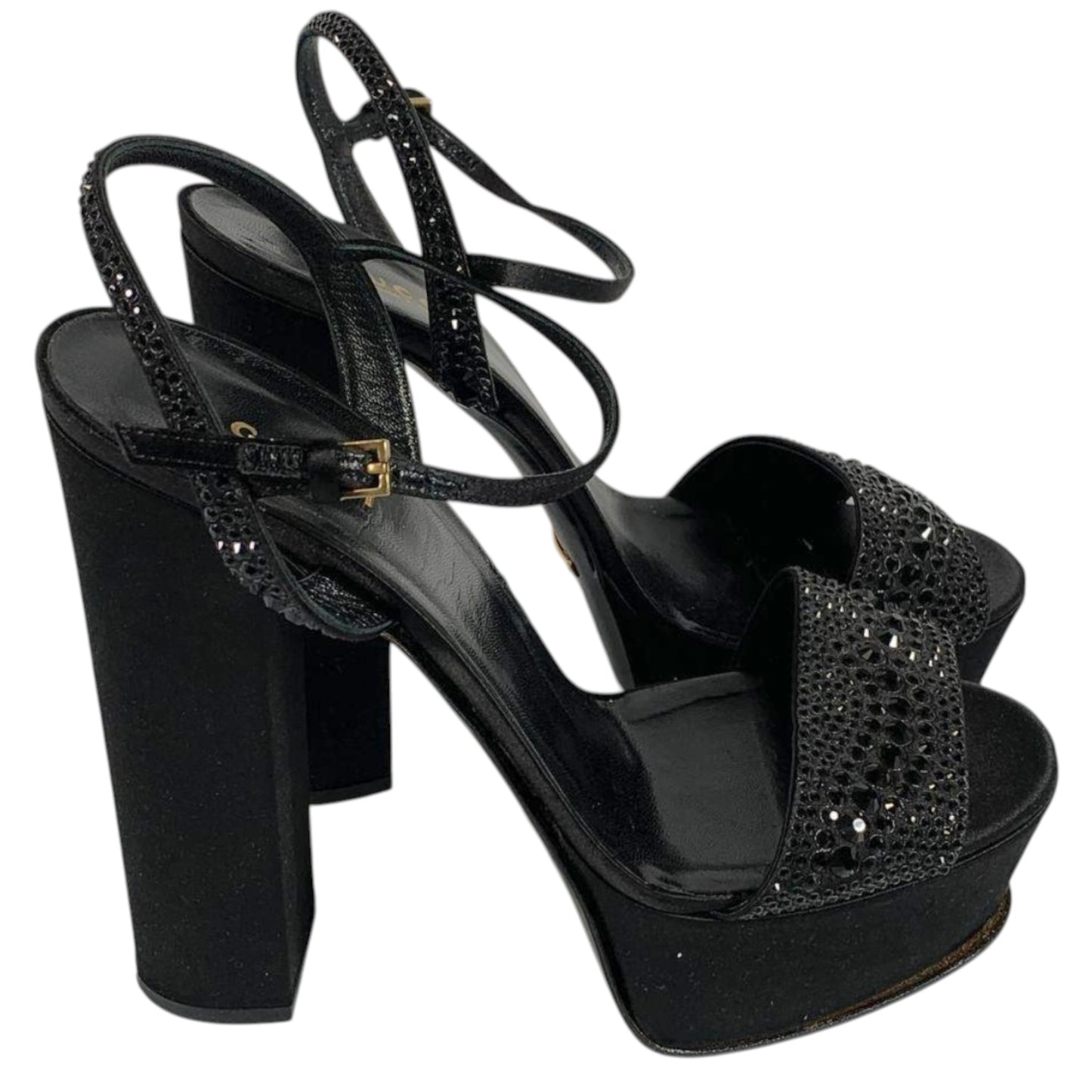 Gucci S/S 2014 Black Crystal-Embellished Satin Platform Sandals Heels | Size 39