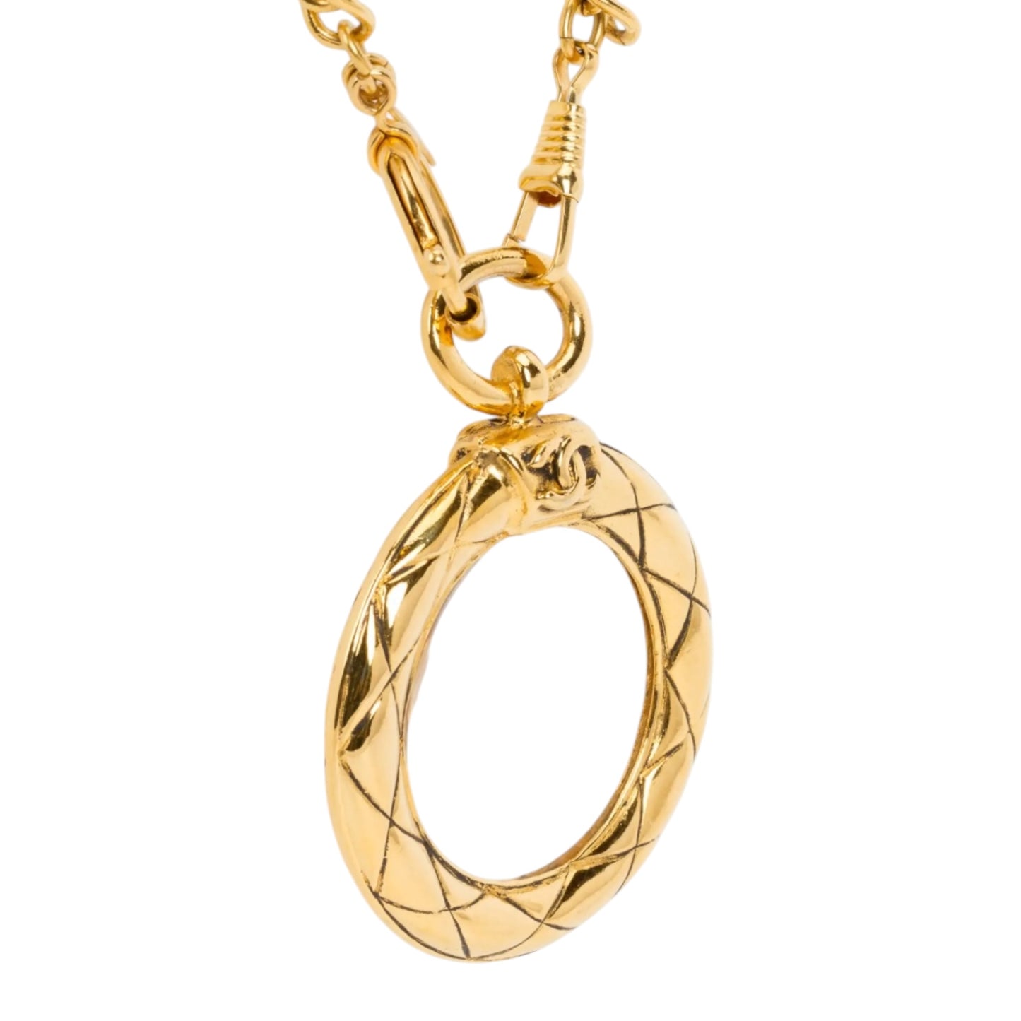 1980s Chanel Gold Plated Curb Chain Quilted Magnifying Glass Pendant Necklace