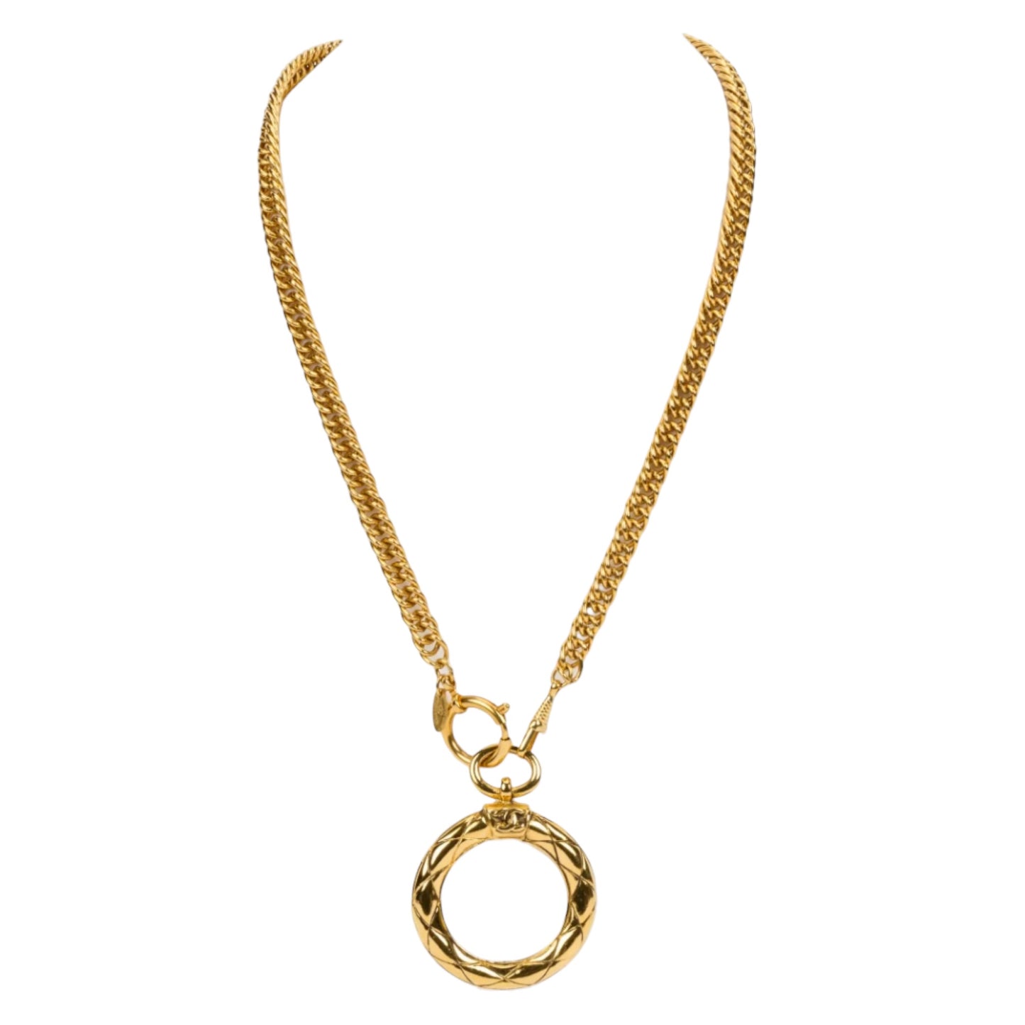 1980s Chanel Gold Plated Curb Chain Quilted Magnifying Glass Pendant Necklace