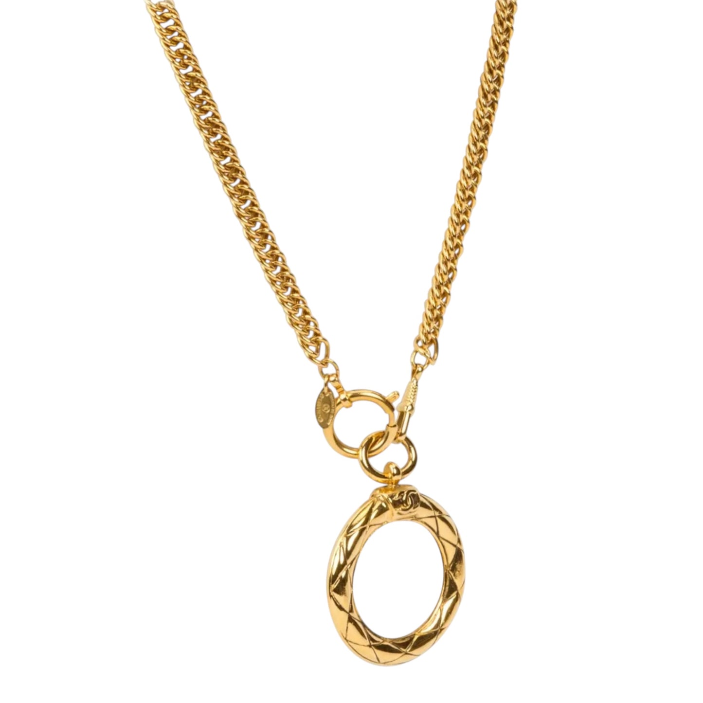 1980s Chanel Gold Plated Curb Chain Quilted Magnifying Glass Pendant Necklace