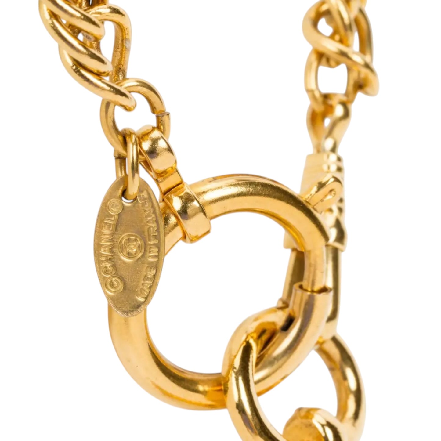 1980s Chanel Gold Plated Curb Chain Quilted Magnifying Glass Pendant Necklace