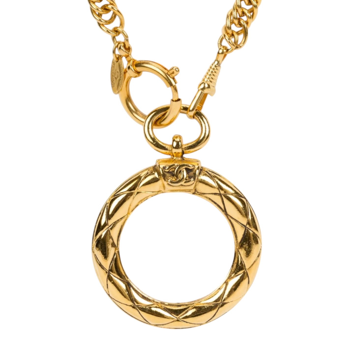 1980s Chanel Gold Plated Curb Chain Quilted Magnifying Glass Pendant Necklace