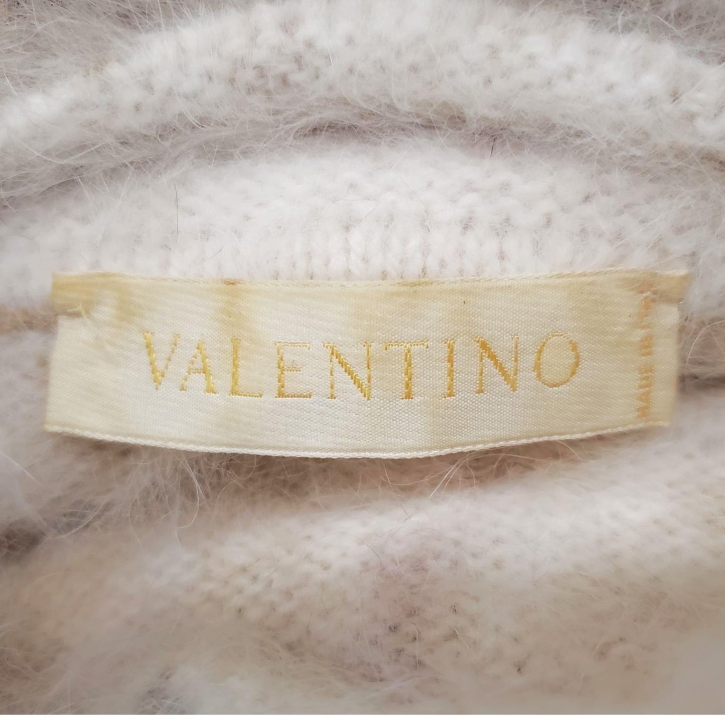 Valentino Cream Angora Leopard Print Short-Sleeve Mock Neck Sweater | Size Medium