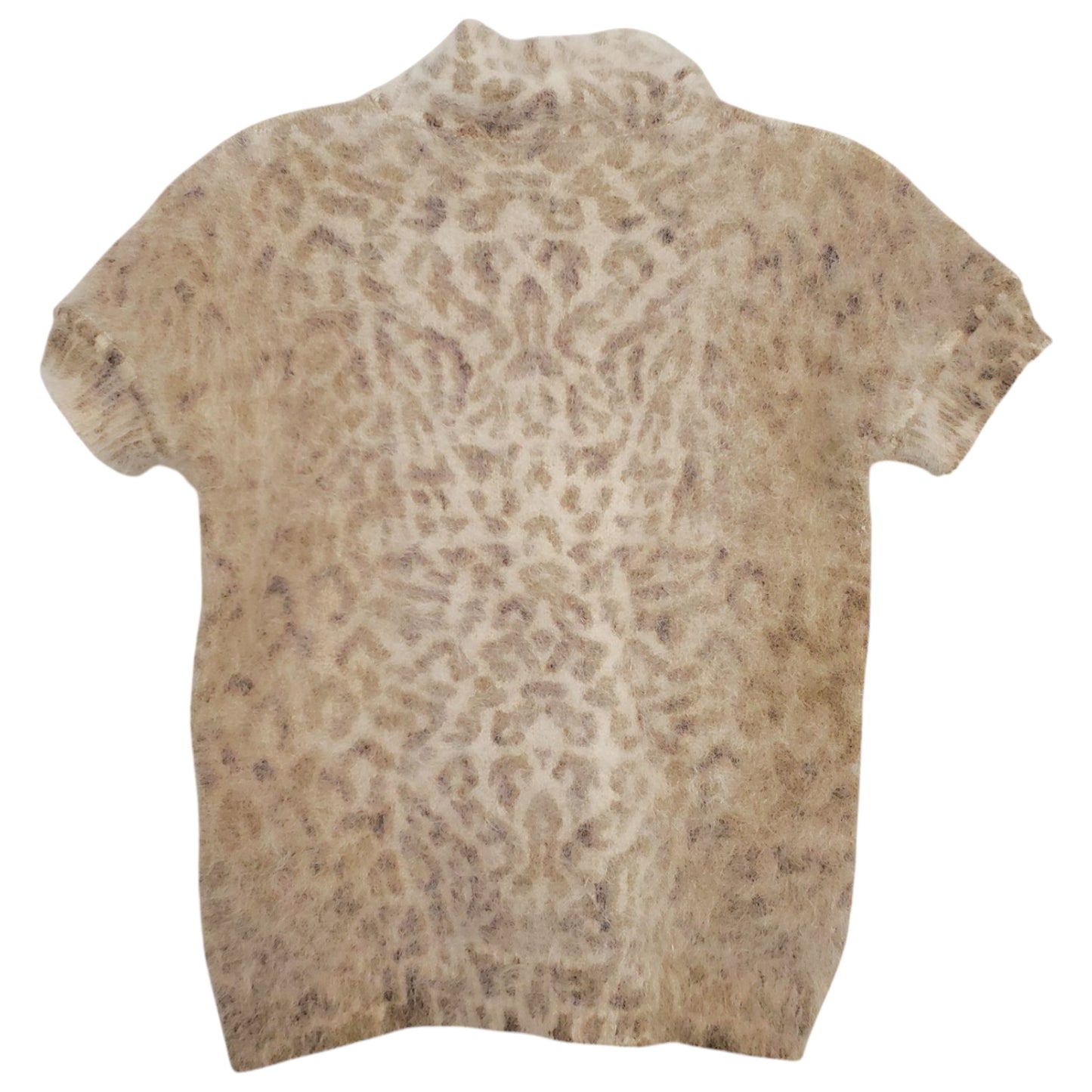 Valentino Cream Angora Leopard Print Short-Sleeve Mock Neck Sweater | Size Medium