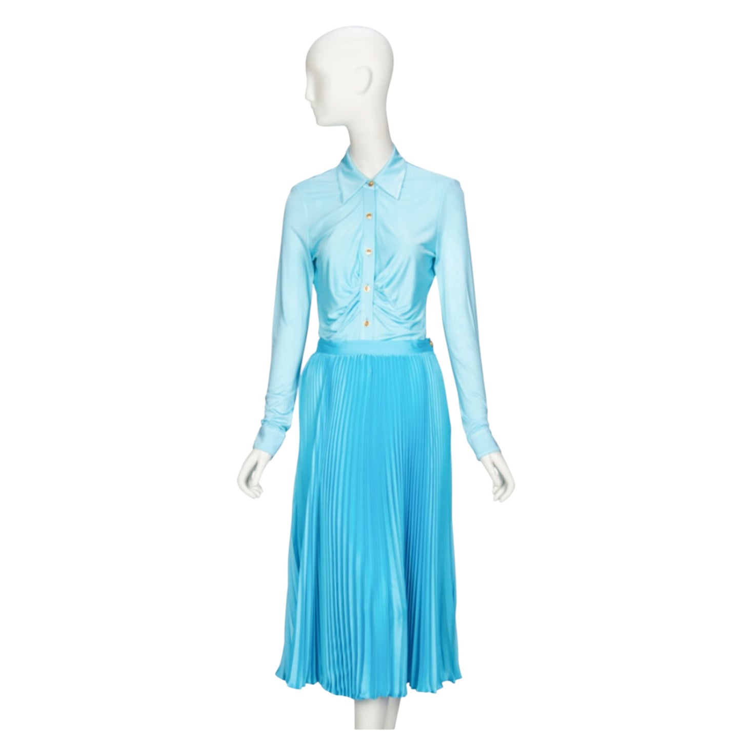 Versace 2020 Powder Blue Ruched Medusa Button Blouse & Accordion Pleated Satin Midi Skirt Ensemble IT 40