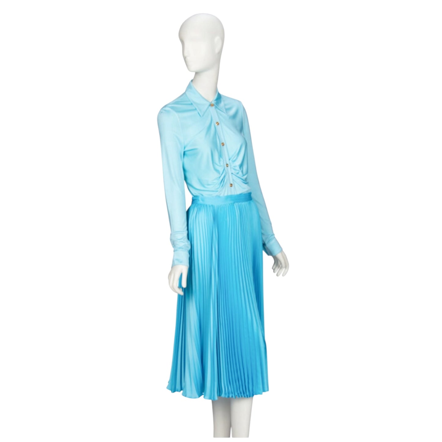 Versace 2020 Powder Blue Ruched Medusa Button Blouse & Accordion Pleated Satin Midi Skirt Ensemble IT 40