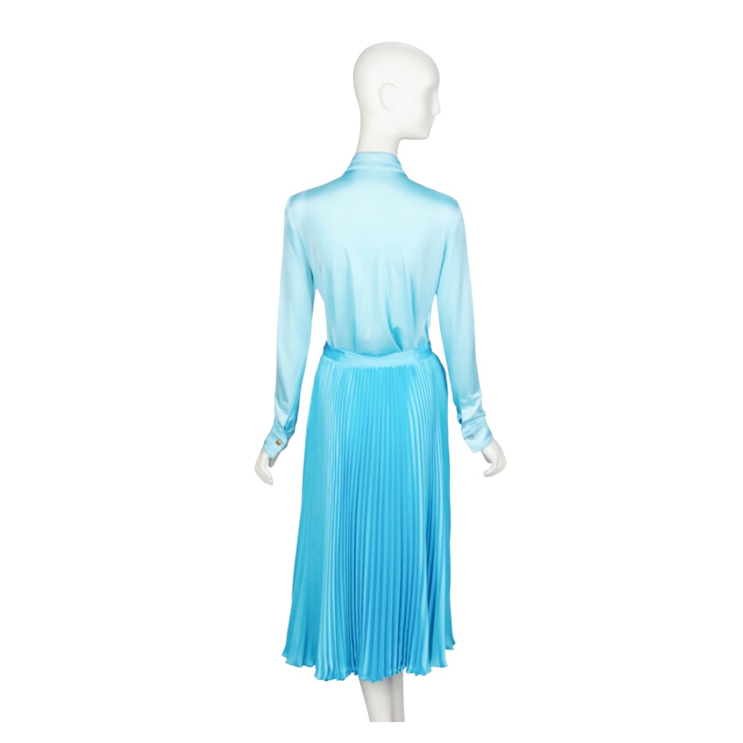 Versace 2020 Powder Blue Ruched Medusa Button Blouse & Accordion Pleated Satin Midi Skirt Ensemble IT 40