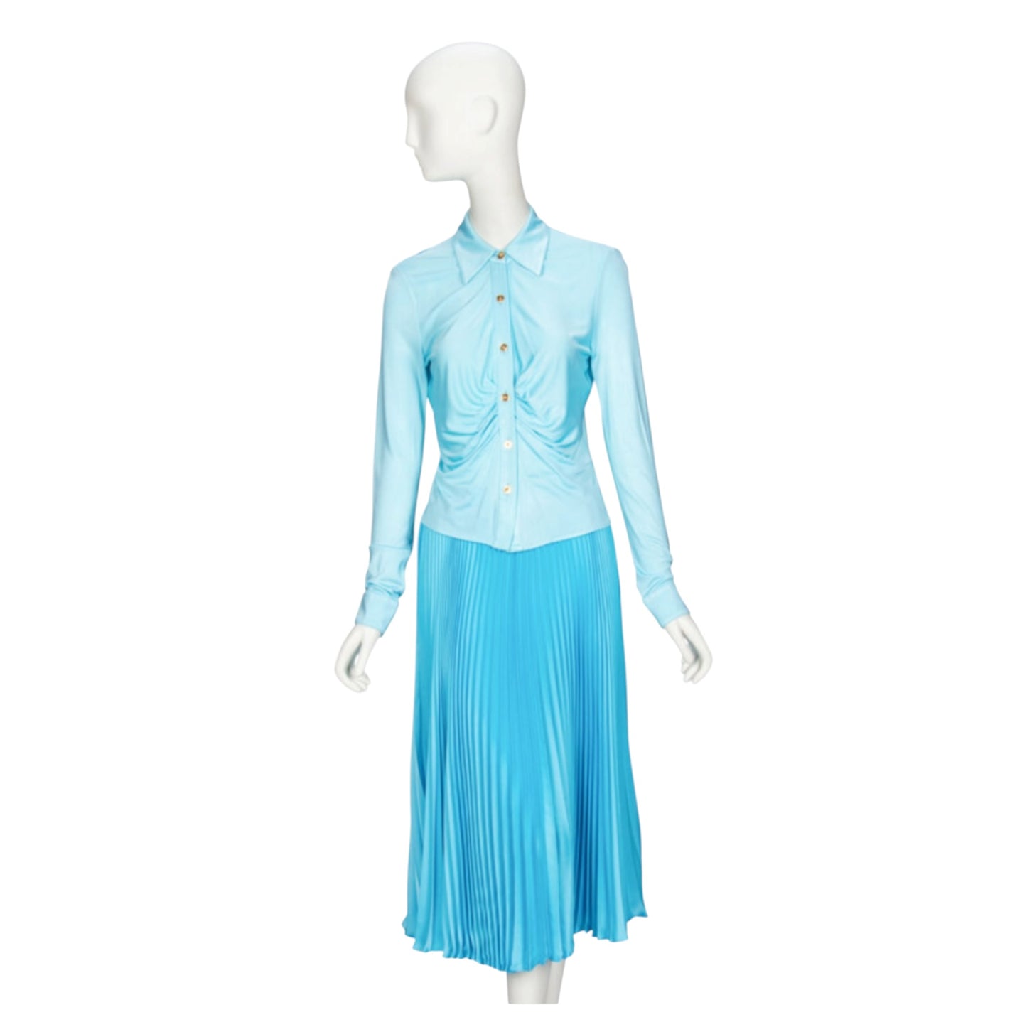 Versace 2020 Powder Blue Ruched Medusa Button Blouse & Accordion Pleated Satin Midi Skirt Ensemble IT 40