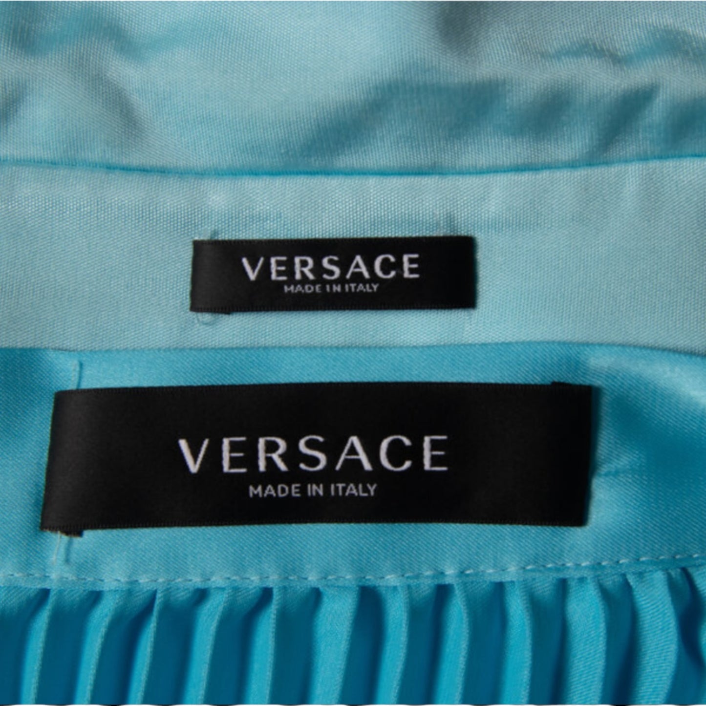 Versace 2020 Powder Blue Ruched Medusa Button Blouse & Accordion Pleated Satin Midi Skirt Ensemble IT 40