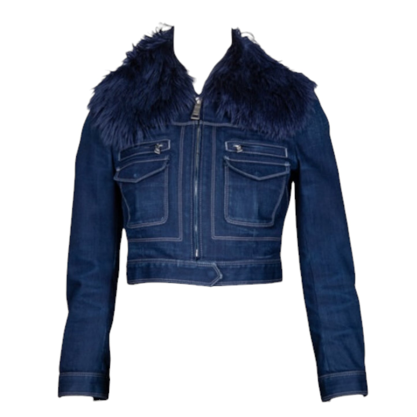 Prada 2008 Indigo Denim Cropped Jacket with Oversized Alpaca Fur Collar IT 40