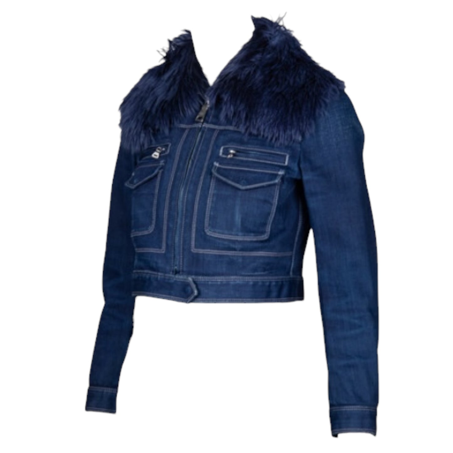 Prada 2008 Indigo Denim Cropped Jacket with Oversized Alpaca Fur Collar IT 40