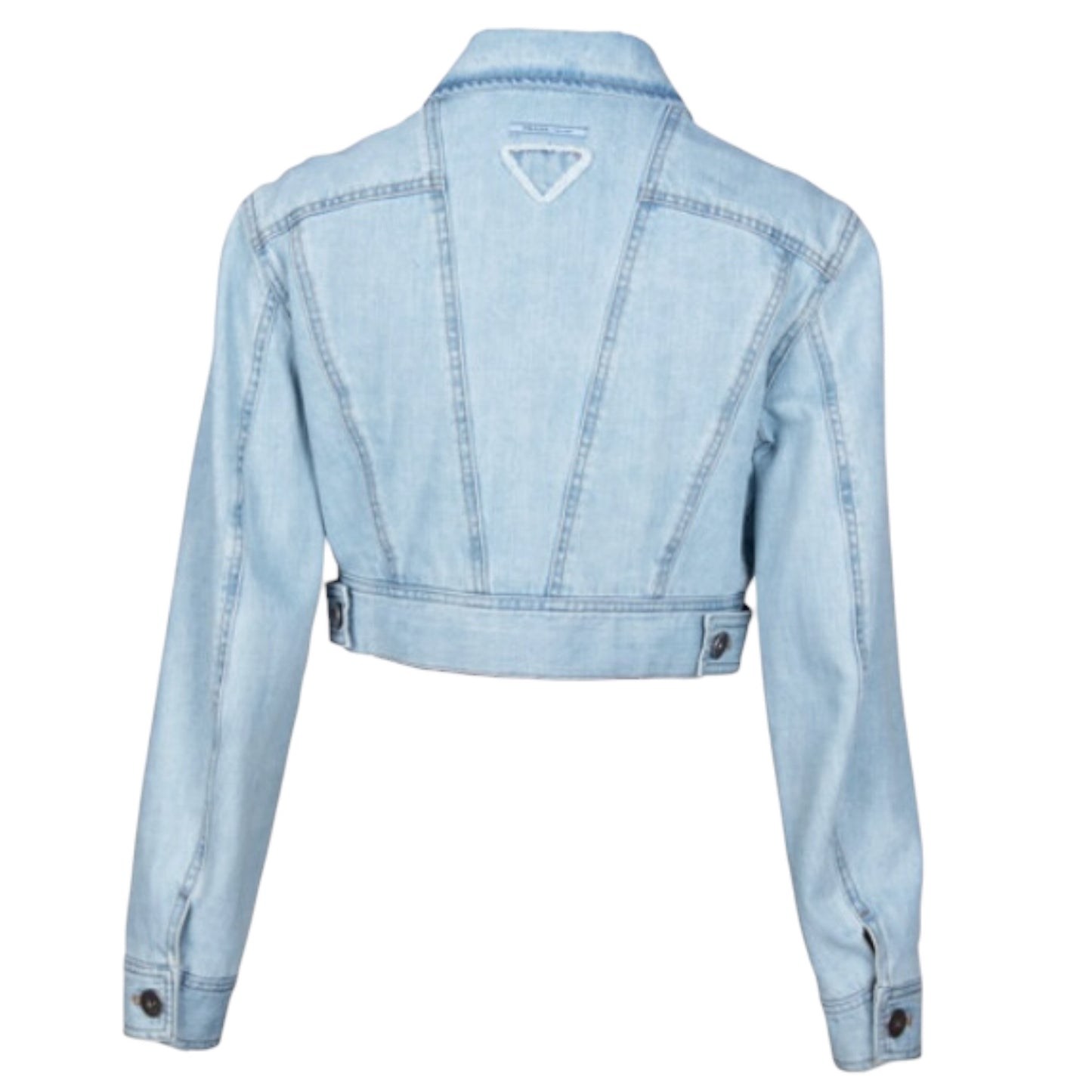 Prada 2017 Light Wash Denim Cropped Jacket with Removable Feather Collar IT 38