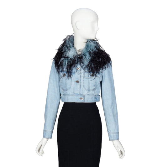 Prada 2017 Light Wash Denim Cropped Jacket with Removable Feather Collar IT 38