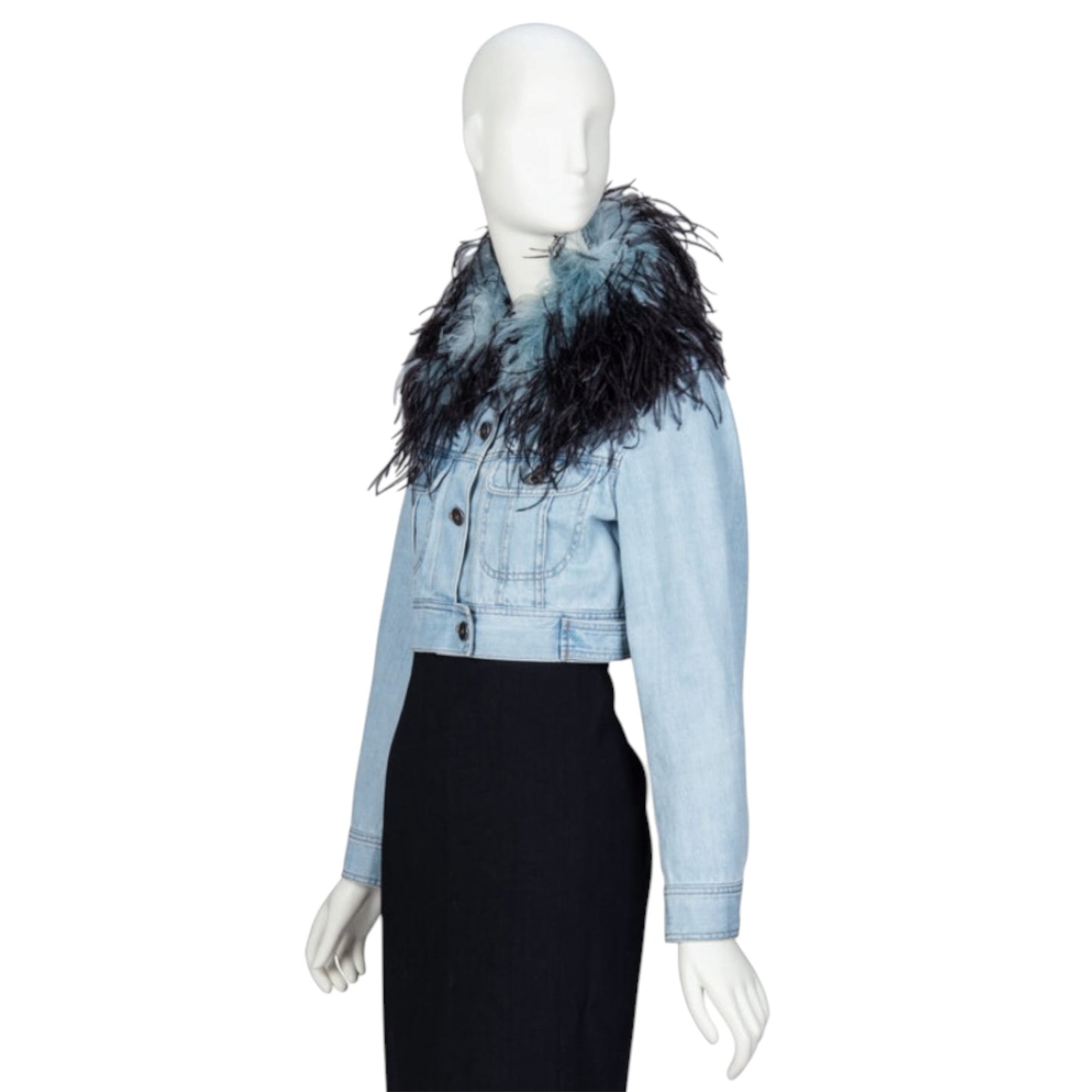 Prada 2017 Light Wash Denim Cropped Jacket with Removable Feather Collar IT 38